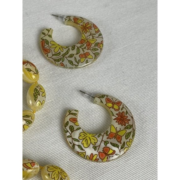 Vintage Yellow Beaded Necklace Earrings Set Floral Beaded Plastic Cottagecore - Picture 2 of 8